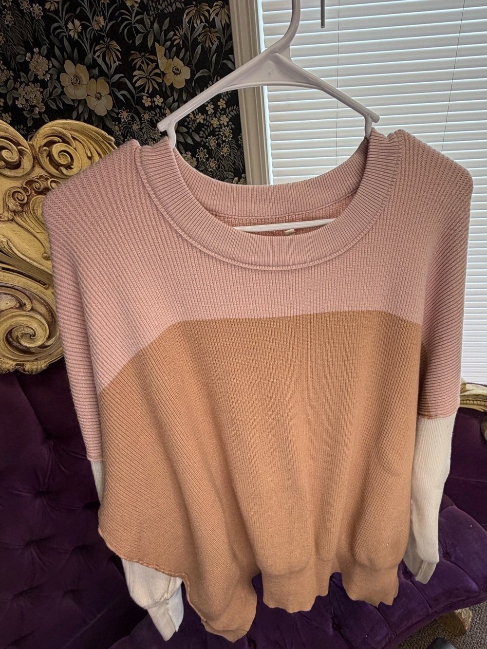 Colorblock Crewneck Sweater - Pink, Tan & Cream